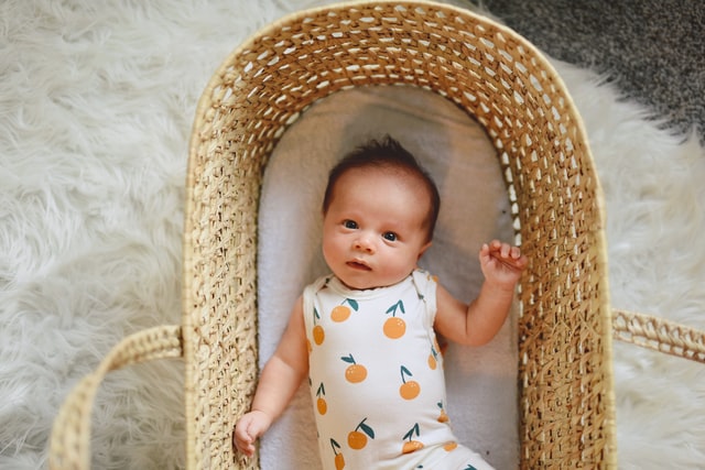 baby in reed basket