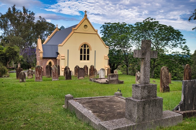 gravestones and church